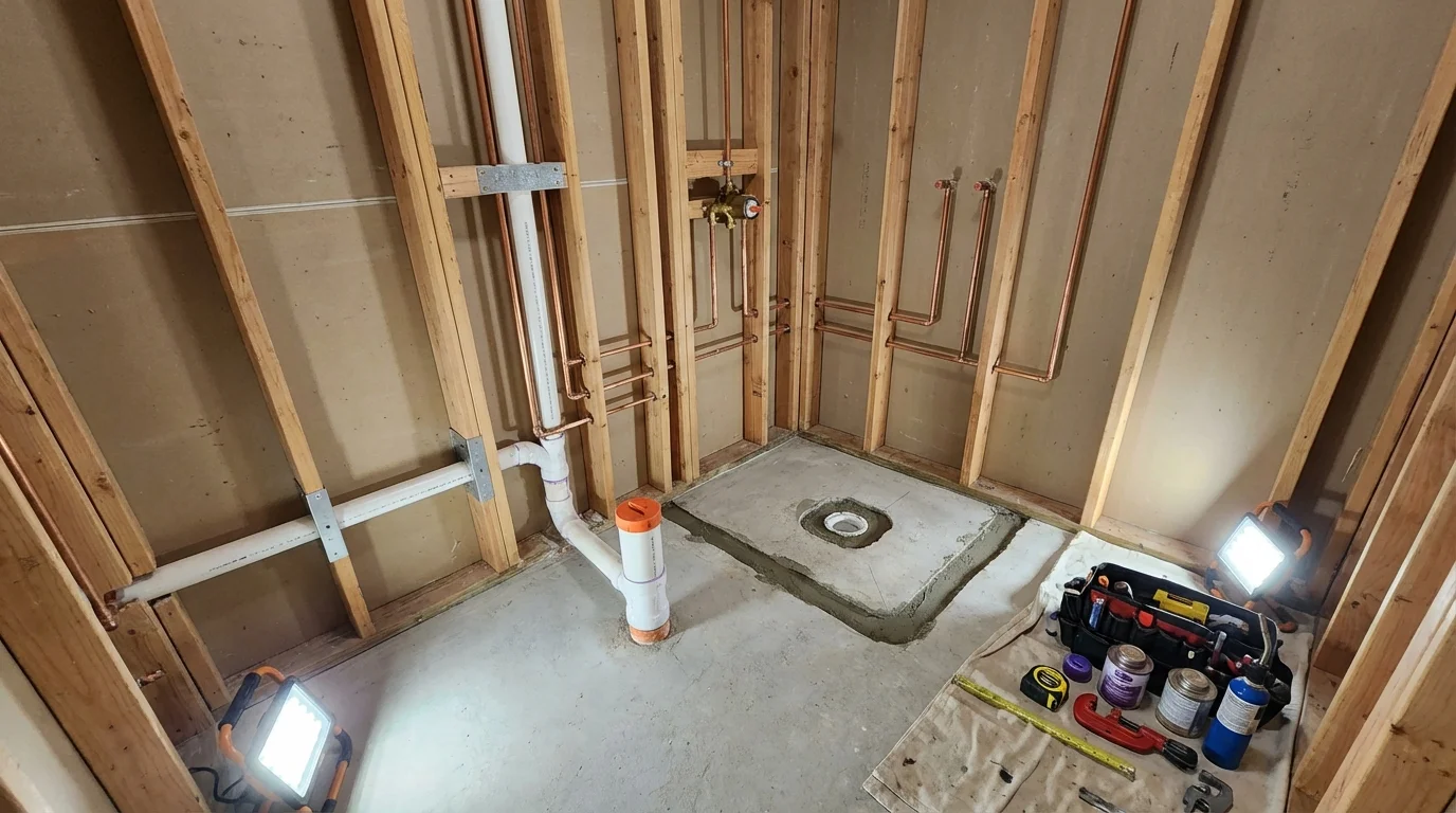 Bathroom rough-in plumbing during remodel by Johns Plumbing LLC in Conway Springs