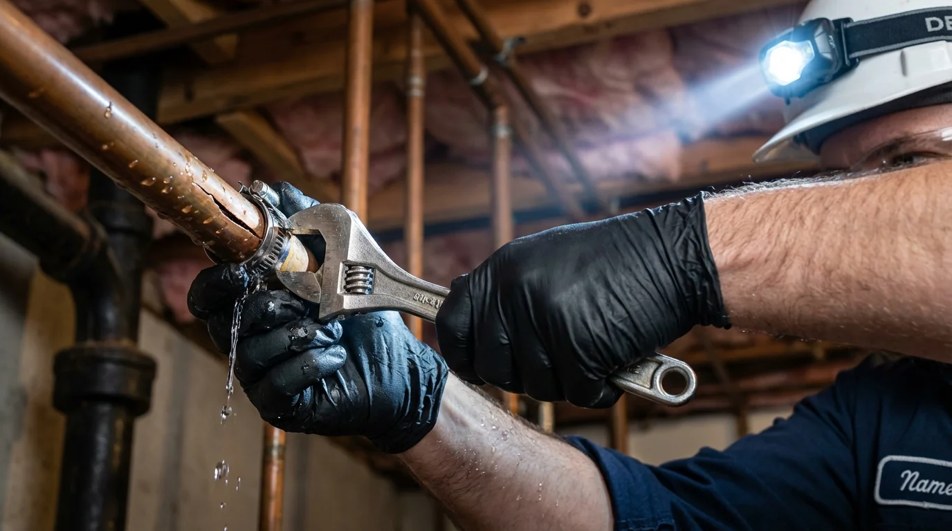 Emergency pipe clamp repair being performed by a Johns Plumbing LLC plumber in Conway Springs