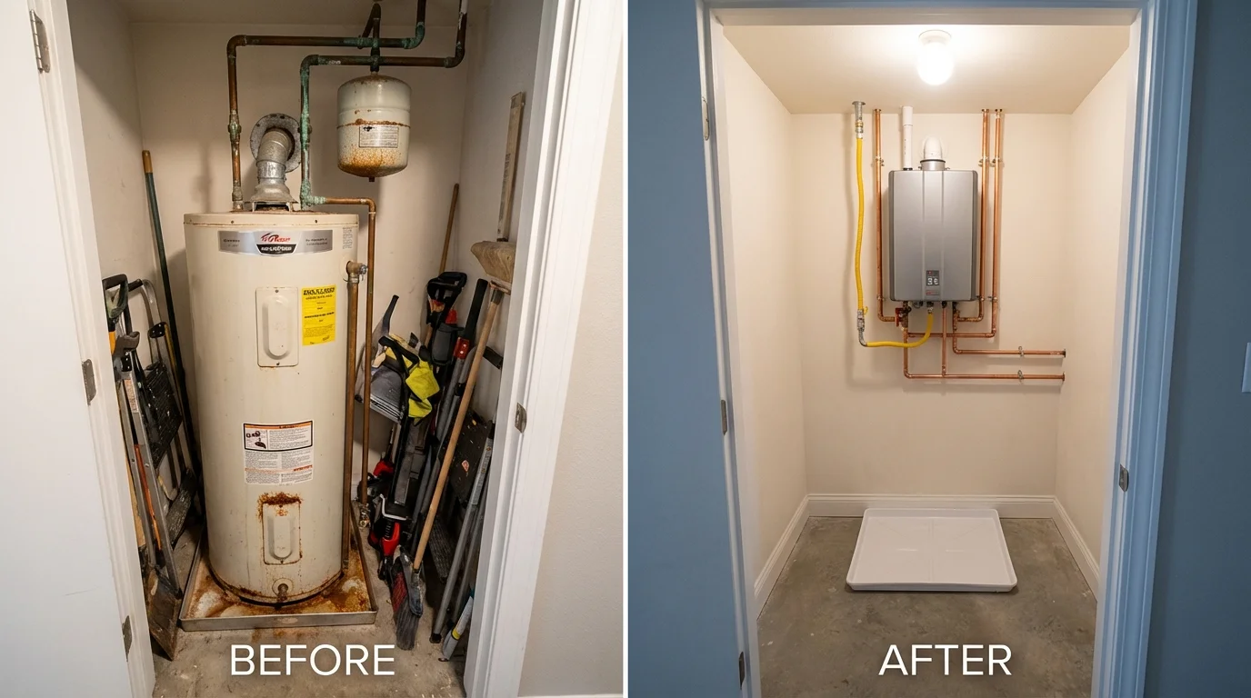 Tank water heater versus wall-mounted tankless unit comparison for Conway Springs, KS homeowners