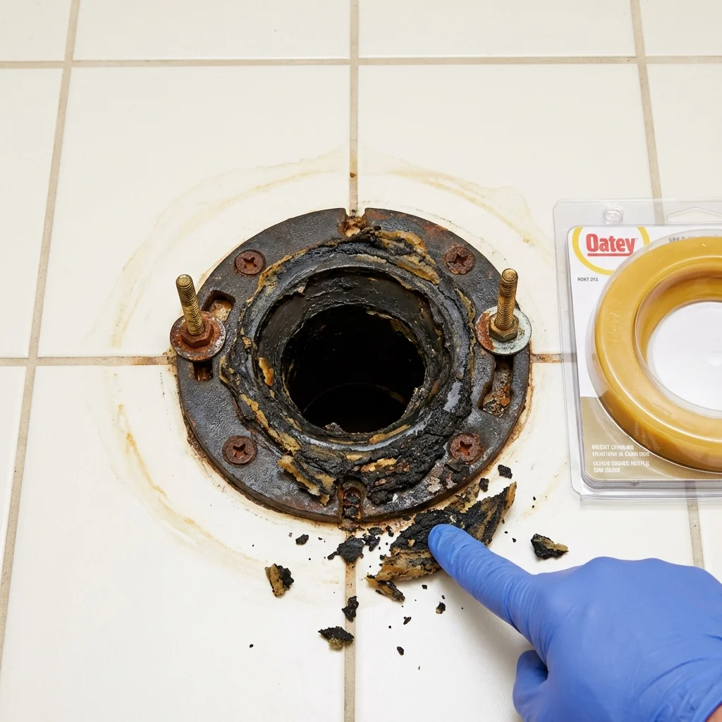 Failed wax ring showing water seepage at the base of a toilet in a Conway Springs, KS home