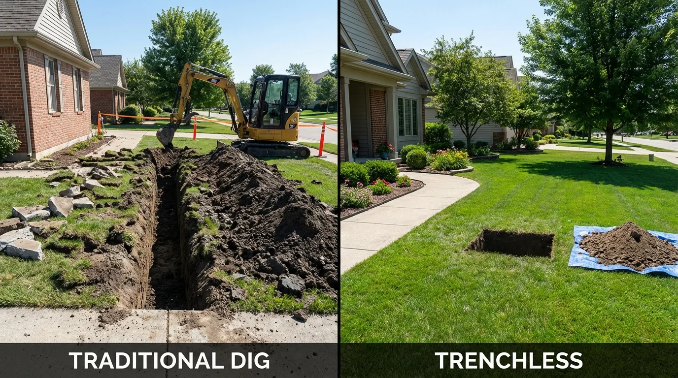 Trenchless sewer repair with minimal yard damage versus traditional excavation in Conway Springs, KS