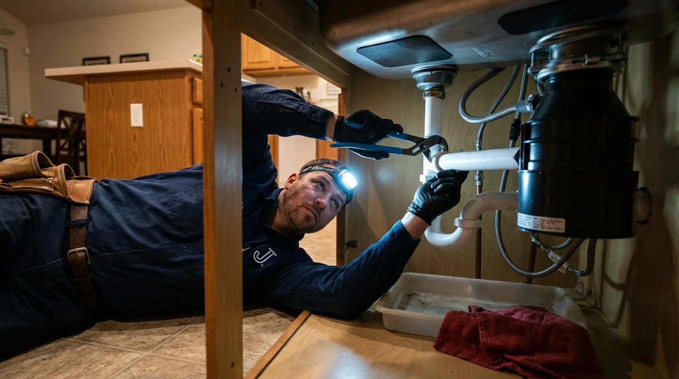 P-trap and supply line connections under a kitchen sink showing a common leak point in Conway Springs, KS